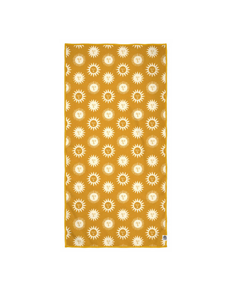 Sunny Wander & Travel Towel with sun pattern, sand-resistant and quick-dry, made from 100% recycled materials, eco-friendly design.