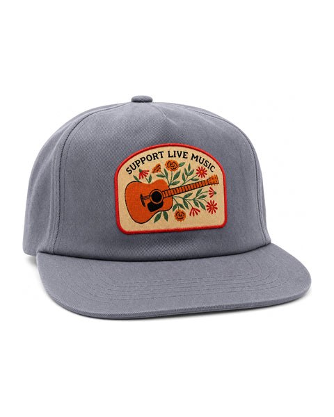 Support Live Music Hat featuring a colorful guitar patch on a gray 5-panel design, perfect for music lovers.