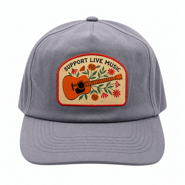Support Live Music Hat featuring a guitar design and floral accents on a gray background, perfect for music lovers.