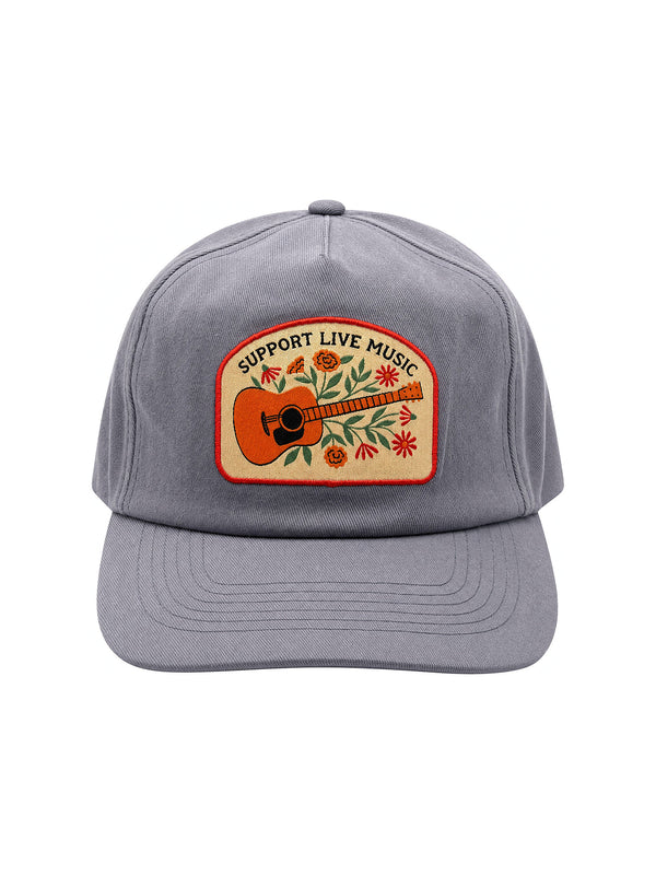 Support Live Music Hat featuring a guitar design and floral accents on a gray background, perfect for music lovers.