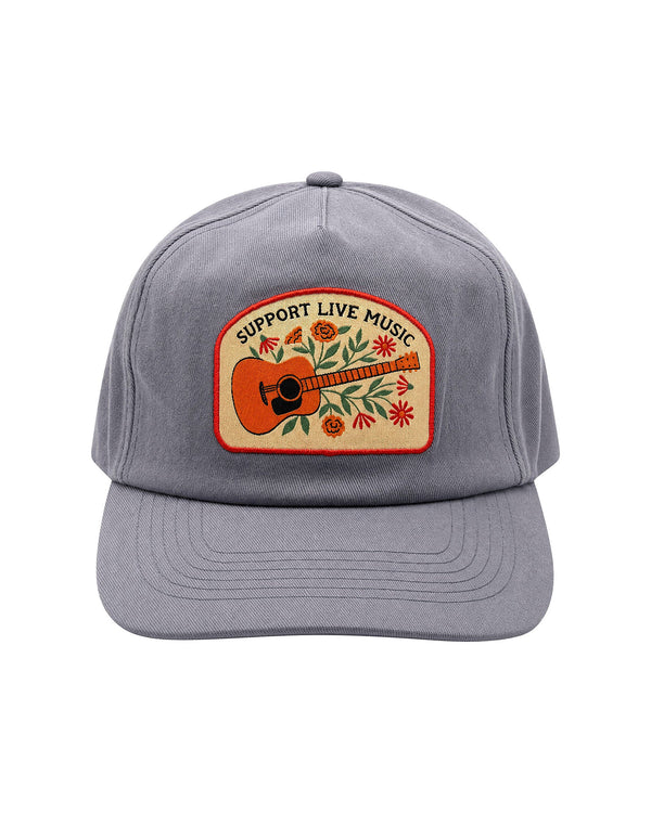 Support Live Music Hat featuring a guitar design and floral accents on a gray background, perfect for music lovers.