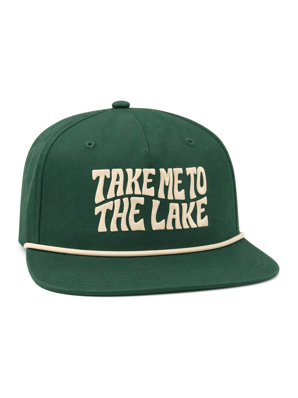 Take Me To The Lake Hat in green with stylish text design for summer adventures.