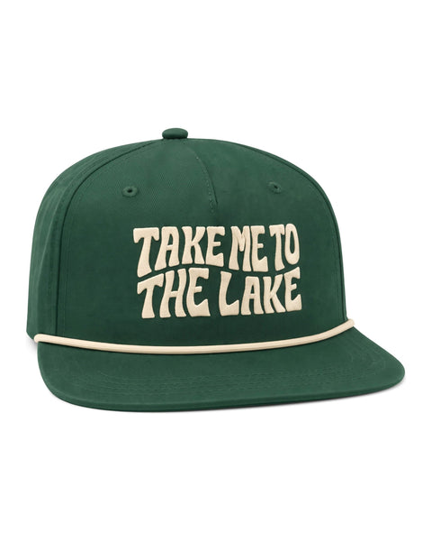 Take Me To The Lake Hat in green with stylish text design for summer adventures.