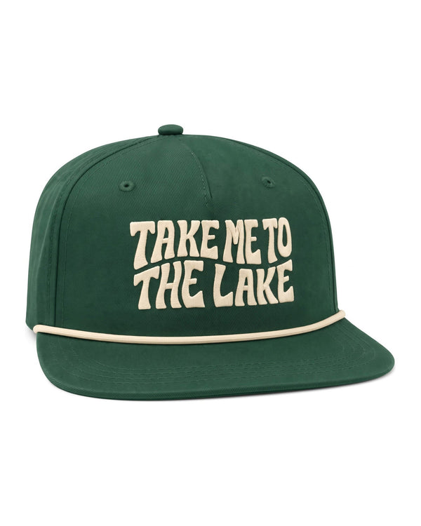 Take Me To The Lake Hat in green with stylish text design for summer adventures.