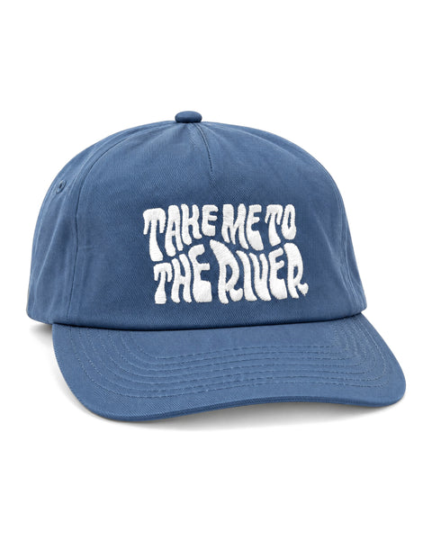 Take Me To The River Hat in blue with white wavy embroidered lettering and a curved brim, on white.