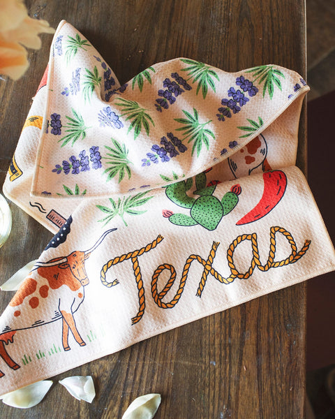 Texas Kitchen & Tea Towel featuring vibrant designs with Texas themes and eco-friendly fabric.