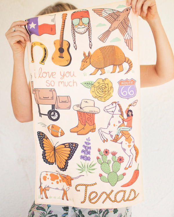 Texas Kitchen & Tea Towel featuring vibrant Texas-themed designs and patterns.