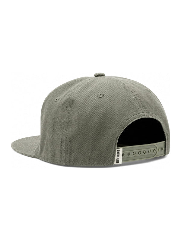 Back of the These Are The Good Ol' Days Hat in olive with a Trek Light tag and snapback strap on a white background