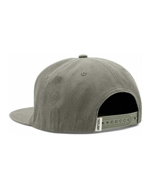Back of the These Are The Good Ol' Days Hat in olive with a Trek Light tag and snapback strap on a white background