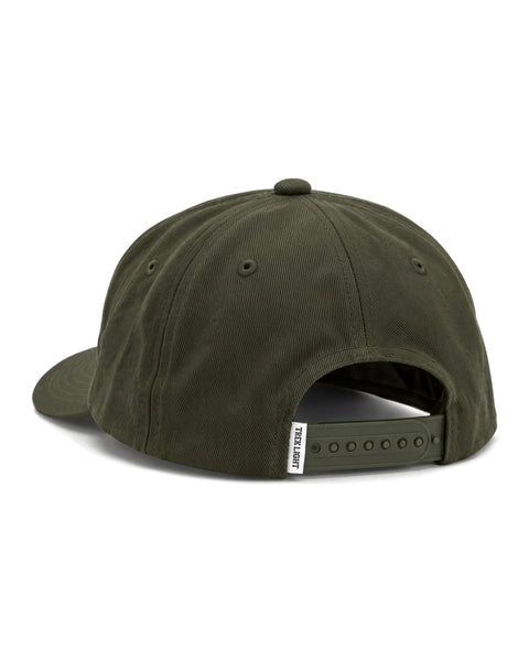 These Are The Good Ol' Days Hat in olive green cotton, seen from the back with a lightly curved brim and snap strap, on white.