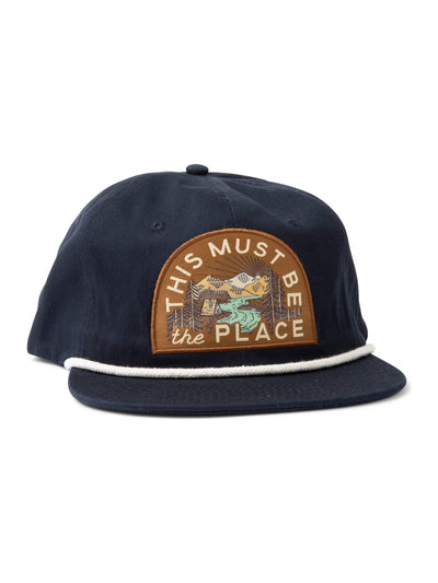 "This Must Be The Place" Trek Light mountains snapback hat, unisex, flat brim, breathable, perfect for adventures and campfire fun.