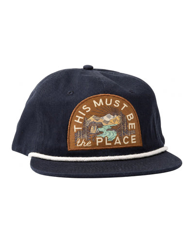 "This Must Be The Place" Trek Light mountains snapback hat, unisex, flat brim, breathable, perfect for adventures and campfire fun.