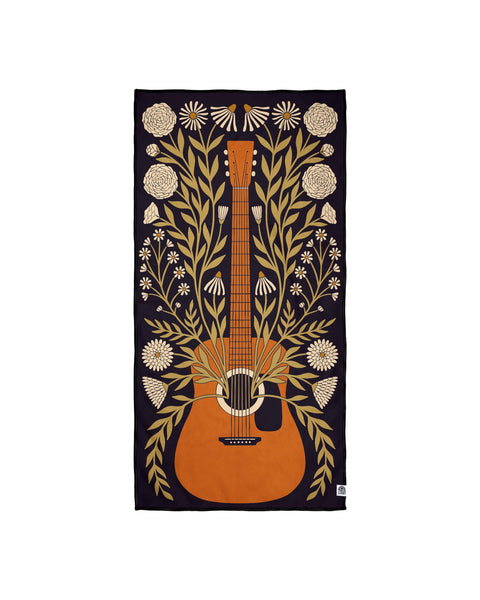 Travelin' Light Wander & Travel Towel with unique guitar and floral design, quick-dry, recycled, sand-resistant travel towel.
