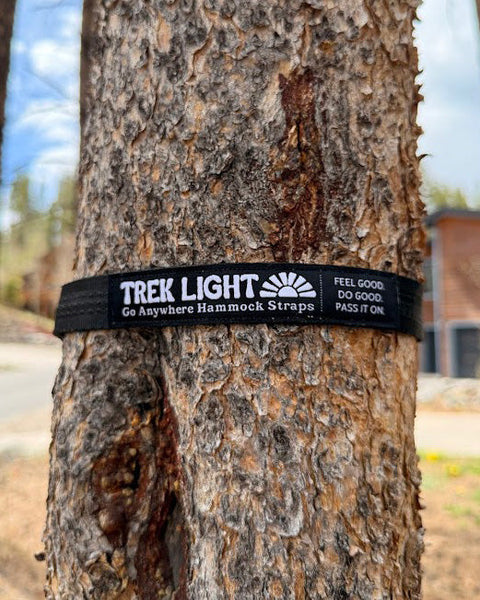 Go Anywhere Pro Hammock Straps securely attached to a tree, demonstrating tree-friendly and adjustable design.
