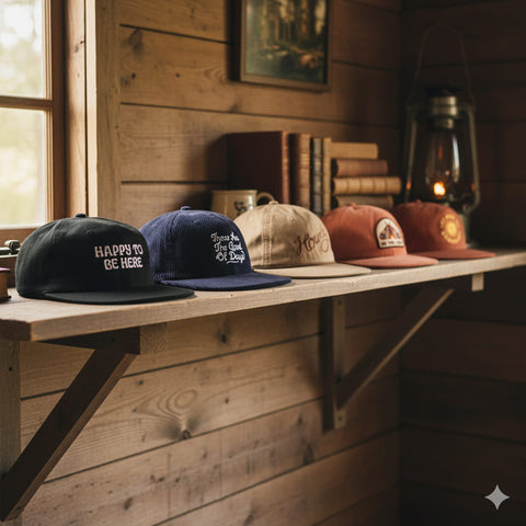 Rustic wooden shelf displaying embroidered caps indoors, next to vintage books and lantern.