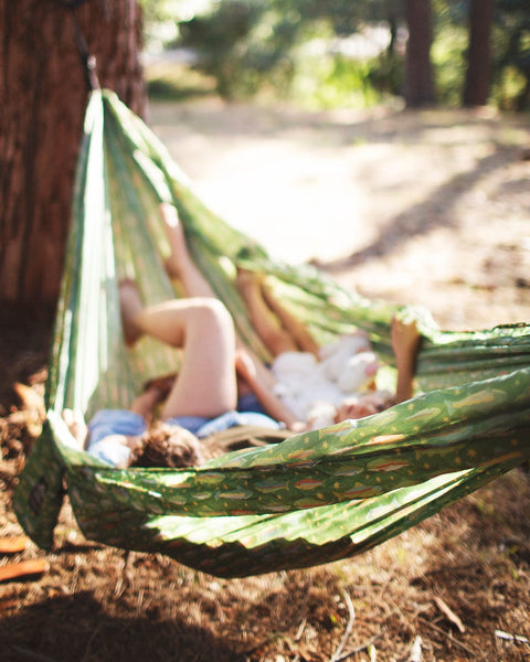 Green Double Hammock in Trout print with fish and stars, hung from a tree in a sunlit forest, with two people lying inside.
