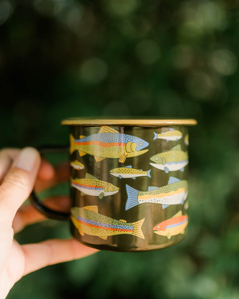 Trout Mug - Enamel 16oz Mug featuring colorful trout design, perfect for hot or cold beverages.