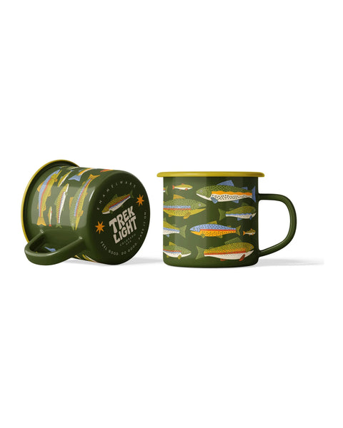 Trout Lover Gift Set 16oz enamel mug featuring colorful trout patterns against a dark green background.