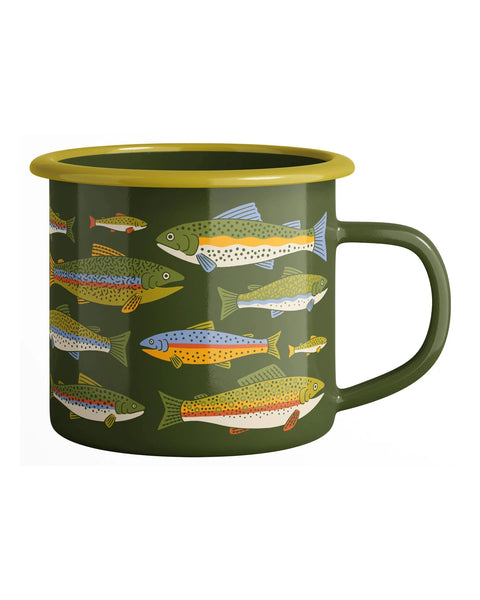 Trout Mug - Enamel 16oz Mug with vintage design, ideal for camping and home use, lightweight and fire-safe.