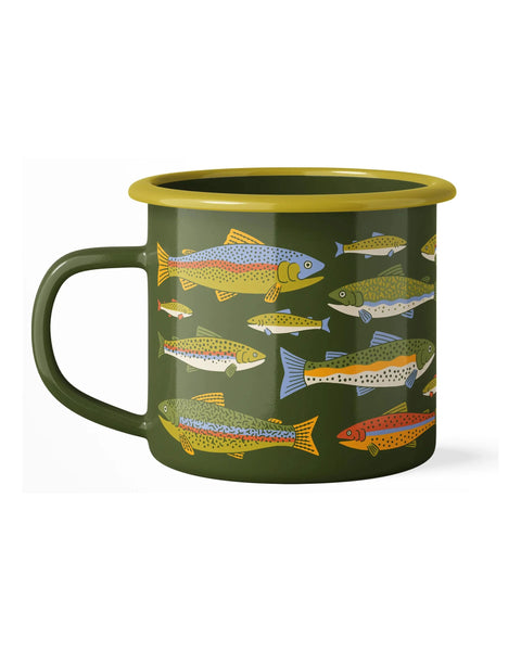 Trout Mug - Enamel 16oz Mug with colorful trout illustrations, camp-style enamelware perfect for coffee, lightweight and durable.