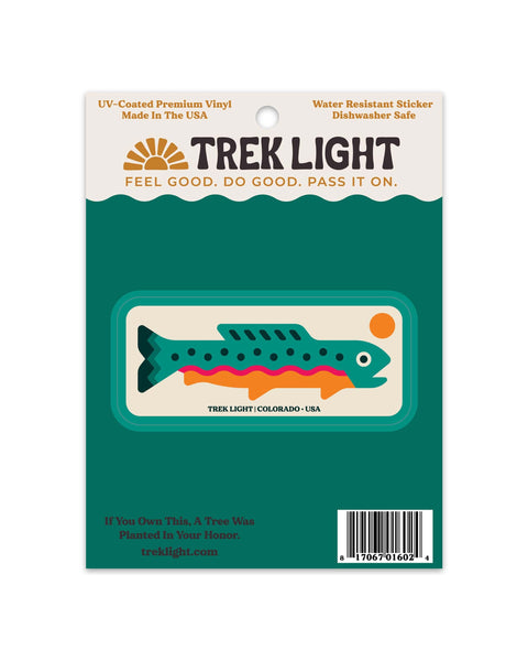 Trout Sticker with a teal spotted fish and orange belly on a cream label, mounted on a green Trek Light card, on white.