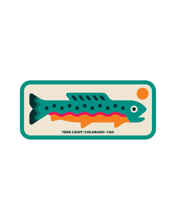 Trout Sticker with a teal spotted trout, orange belly, pink stripe and orange sun in a rounded teal border, on white.