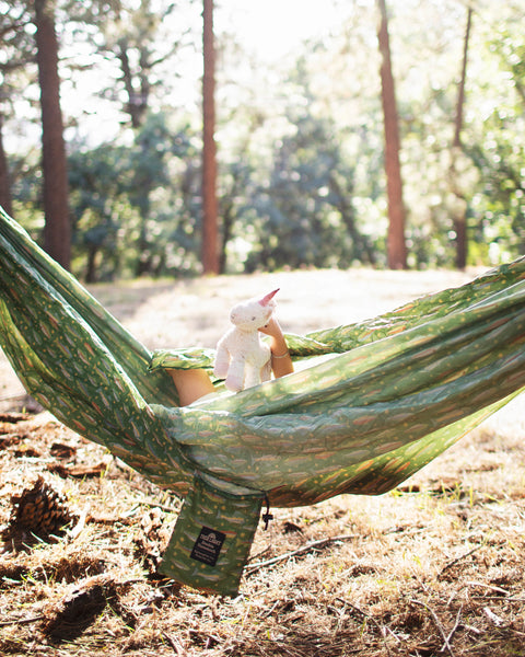 Double Hammock & Pro Hanging Straps (River Trout Print) in a serene outdoor setting with a plush toy.