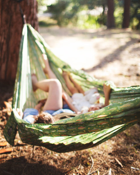 Two people relaxing in a Double Hammock & Pro Hanging Straps (River Trout Print) under a tree.