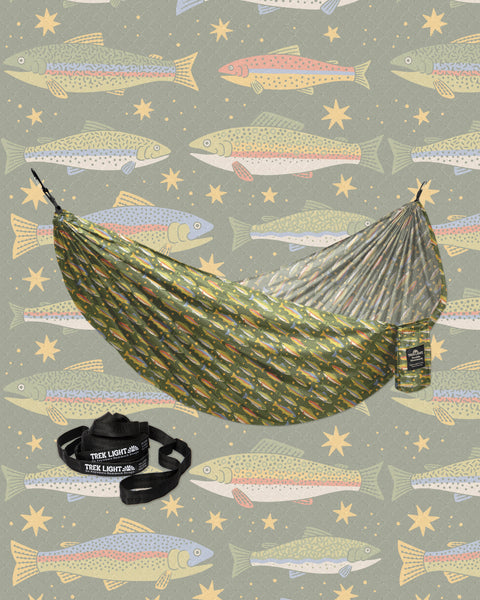 Double Hammock & Pro Hanging Straps (Trout Print) with fish background, showcasing durability and comfort.