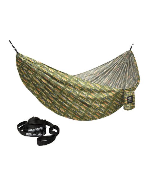 Double Hammock & Pro Hanging Straps (Trout Print) featuring strong fabric and included durable straps.