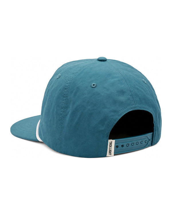 Trout Hat in blue, back view with adjustable strap