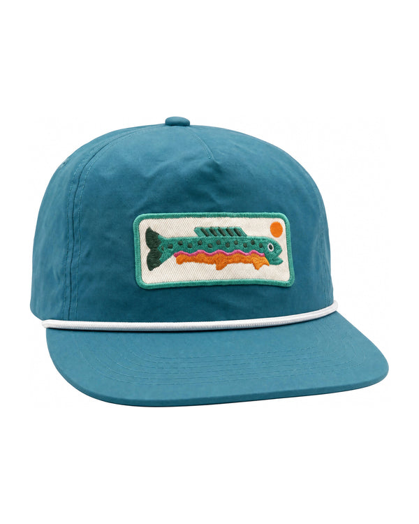 Trout Hat (Blue) featuring a colorful trout embroidery on a low-profile cap, perfect for fishing and everyday wear.