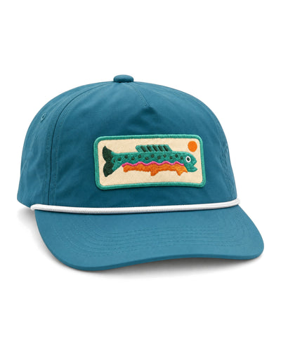 Trout Hat in Blue, a teal cap with white rope trim and a embroidered green trout patch with an orange sun, on white