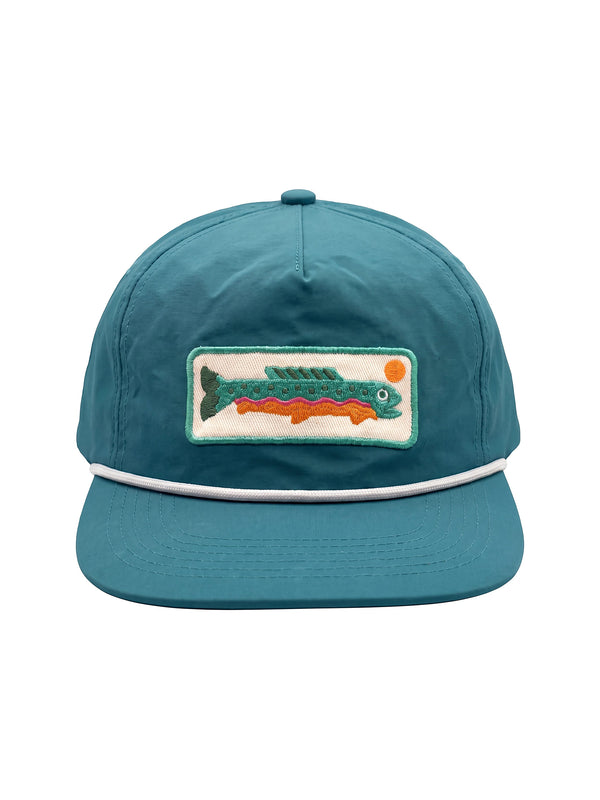 Trout Hat (Blue) featuring an embroidered trout design on a blue low-profile 5-panel cap.