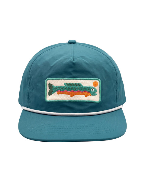 Trout Hat (Blue) featuring an embroidered trout design on a blue low-profile 5-panel cap.