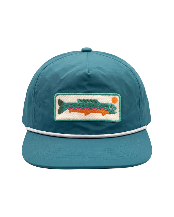 Trout Hat (Blue) featuring an embroidered trout design on a blue low-profile 5-panel cap.