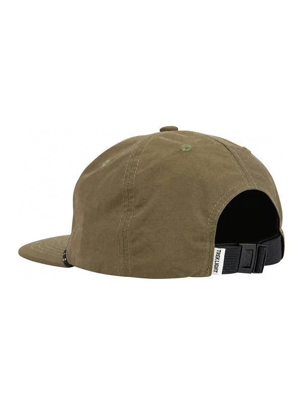 Trek Light Trout Hat, olive green 5-panel snapback with flat brim, made from 100% nylon for adventure-ready style and comfort.