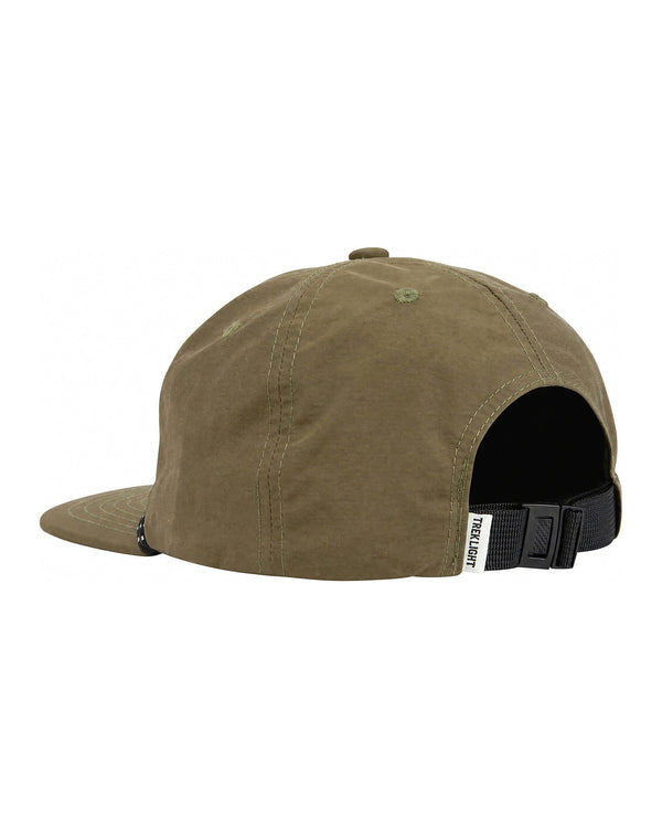 Trek Light Trout Hat, olive green 5-panel snapback with flat brim, made from 100% nylon for adventure-ready style and comfort.