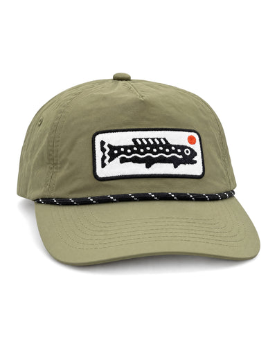 Trout Hat in Olive, an olive cap with a black and white rope trim and a stitched trout patch, on white.