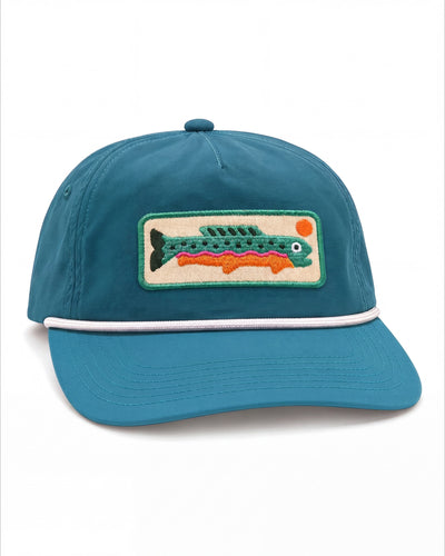 Trout Kids Hat in teal with a white rope band and a stitched green trout patch with an orange sun, on white.