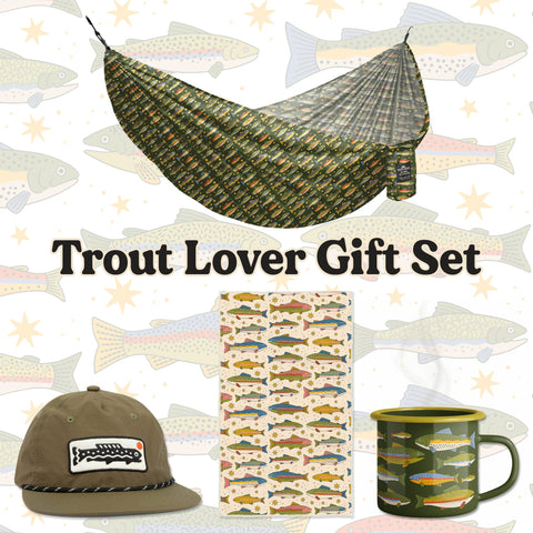 Trout Lover Gift Set featuring a hammock, trout hat, towel, and mug for fishing enthusiasts.