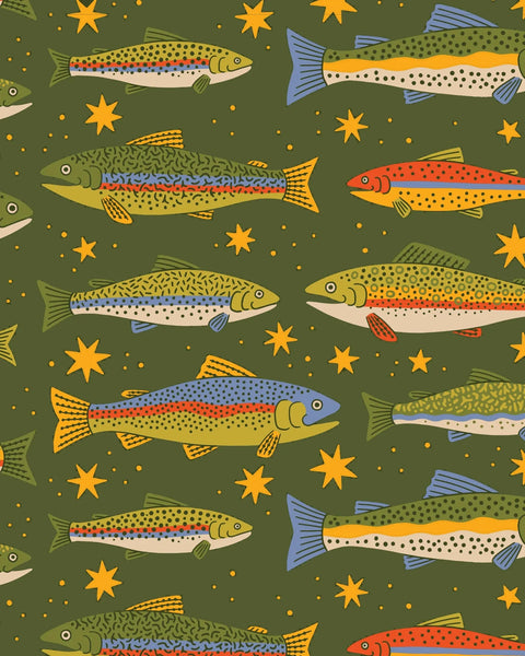 Double Hammock & Pro Hanging Straps (Trout Print) trout pattern fabric with colorful fish illustrations for camping hammock