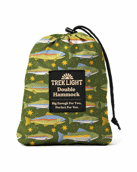 Double Hammock & Pro Hanging Straps (Trout Print) packed in a stylish fish print storage bag, showcasing portability.