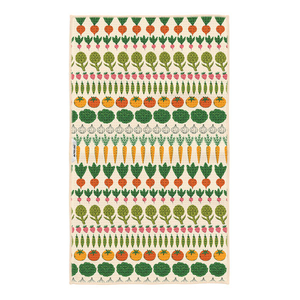 Eco-friendly dish towel featuring hand-drawn style vegetable illustrations on cream background for kitchen decor and cleaning