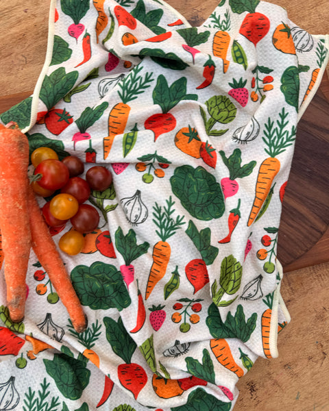 Veggie Medley Kitchen & Tea Towel featuring colorful vegetable designs on a soft fabric.