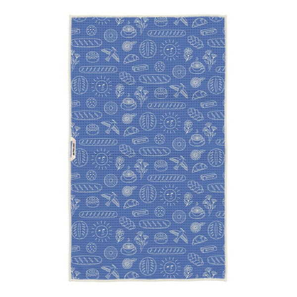 Wake & Bakery Kitchen Tea Towel with blue and white bread and pastry pattern design