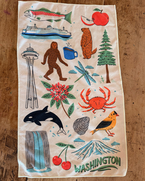 Washington Kitchen & Tea Towel featuring iconic symbols of Washington state, including Mount Rainier and local wildlife.