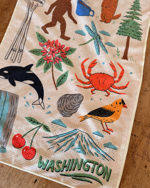 Colorful Washington Kitchen & Tea Towel featuring natural elements, wildlife, and the state name Washington.