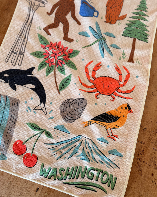 Colorful Washington Kitchen & Tea Towel featuring natural elements, wildlife, and the state name Washington.