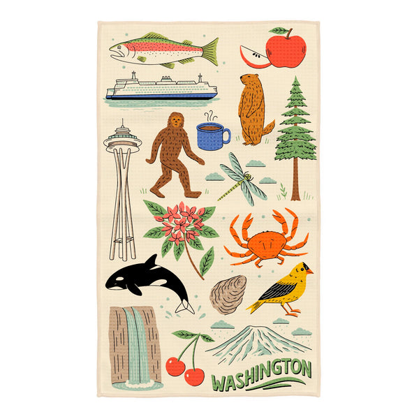 Colorful Washington Kitchen & Tea Towel with state-themed illustrations including a fresh crab, apple, ferry, Mount Rainier, and more.